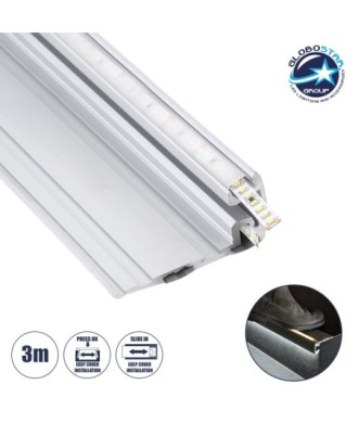 GloboStar® STAIR-PROFILE 70842-3M Προφίλ Αλουμινίου - Βάση & Ψύκτρα Ταινίας LED με Λευκό Γαλακτερό Κάλυμμα - Χρήση σε Σκαλοπάτια - Πατητό Κάλυμμα - Ασημί - 3 Μέτρα - Μ300 x Π8 x Υ3.2cm